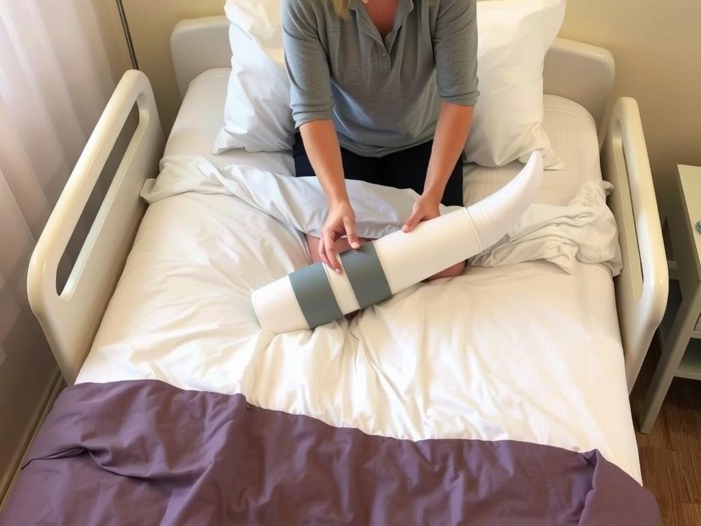 Demonstracja bezpiecznej techniki zmiany pozycji w łóżku z nogą w gipsie