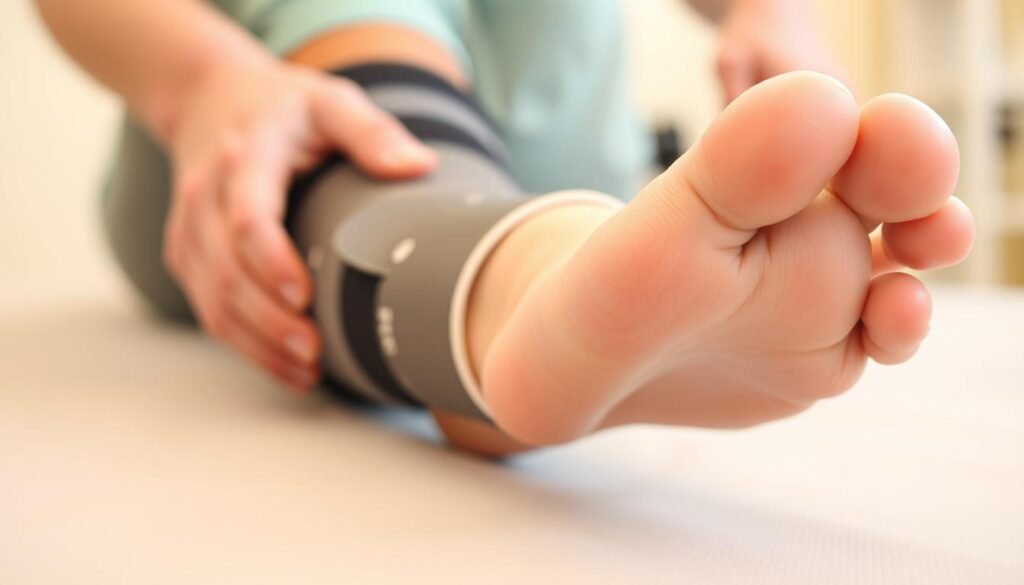 Demonstracja ćwiczeń palców stopy wystających z gipsu