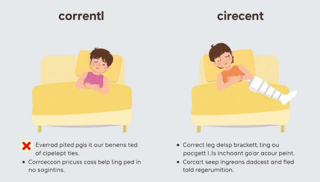 Ilustracja przedstawiająca nieprawidłowe i prawidłowe pozycje spania z nogą w gipsie