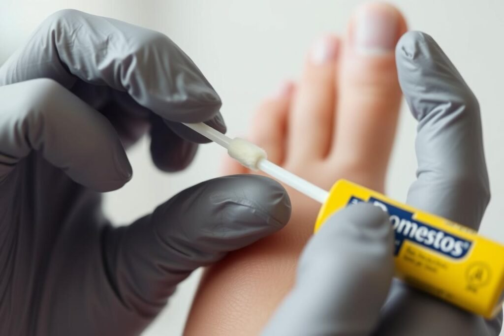 Osoba aplikująca Domestos na paznokieć z grzybicą za pomocą patyczka kosmetycznego