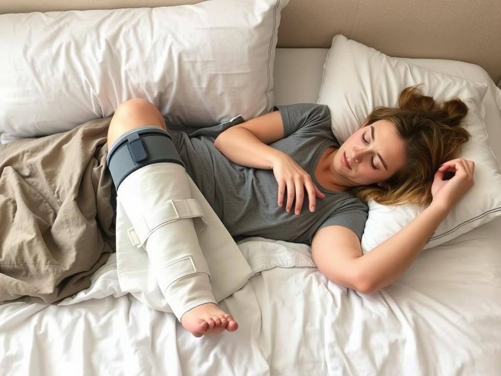 Osoba śpiąca na boku z nogą w gipsie podpartą poduszkami
