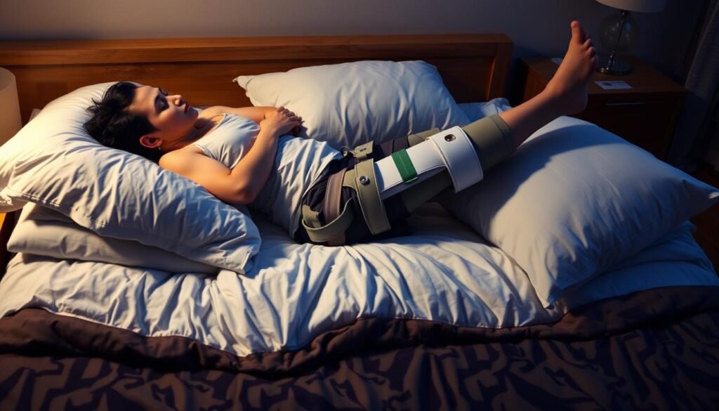 Osoba śpiąca na plecach z nogą w gipsie uniesioną na poduszkach