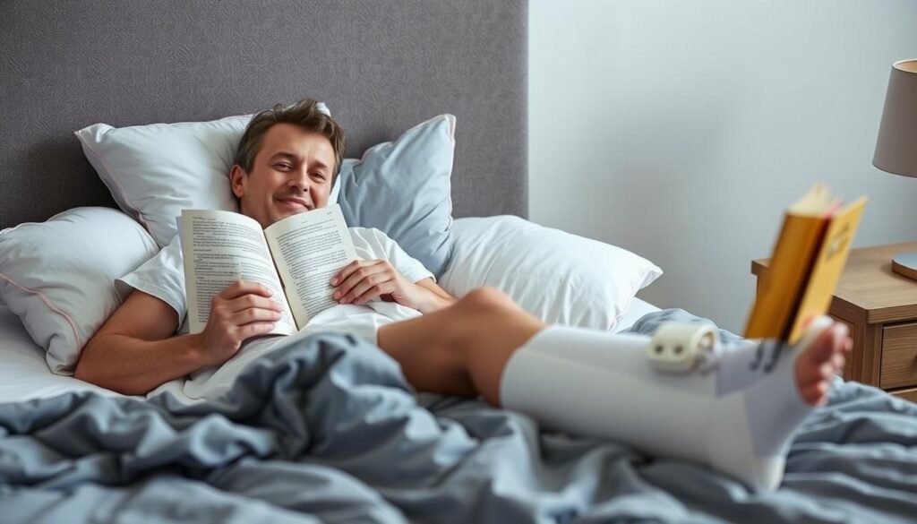 Osoba ze złamaną nogą w gipsie odpoczywająca komfortowo z książką w ręku