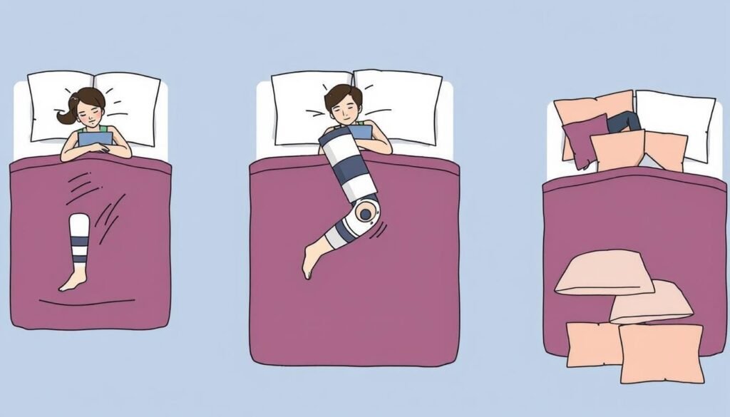 Różne pozycje spania z nogą w gipsie - na plecach, na boku i półsiedząca