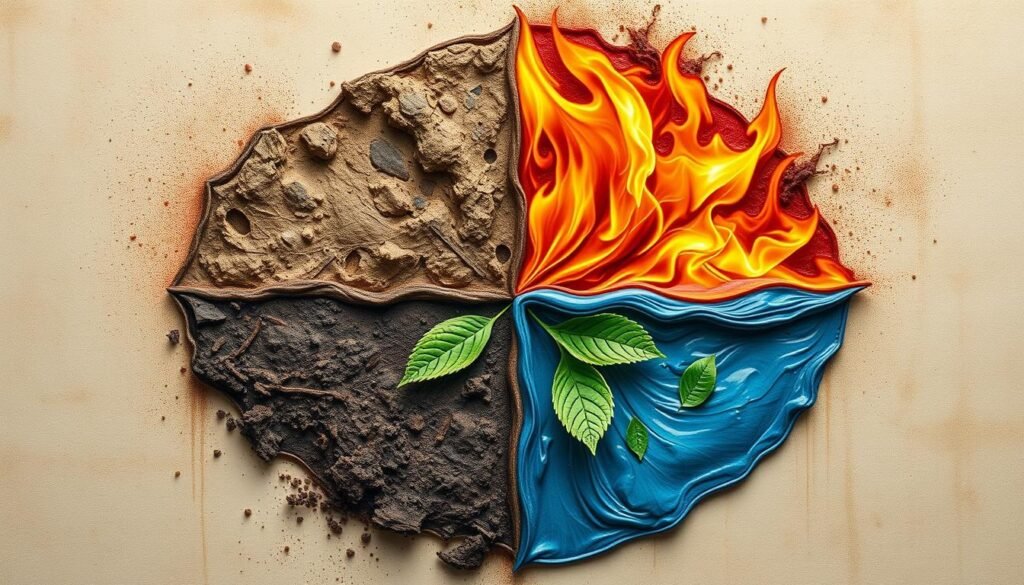 Cztery żywioły (ziemia, powietrze, ogień, woda) symbolizujące liczbę 4 w Biblii