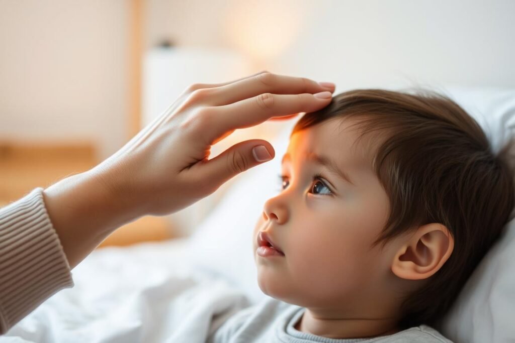 Dłoń dotykająca czoła dziecka - jak sprawdzić gorączkę bez termometru u dziecka
