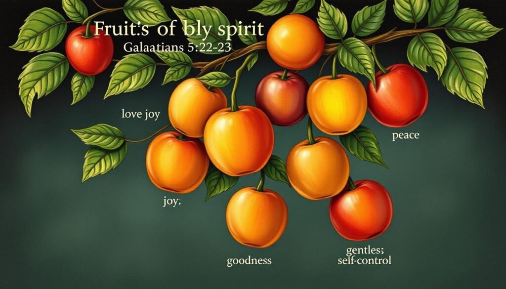 Dziewięć owoców Ducha Świętego przedstawionych symbolicznie