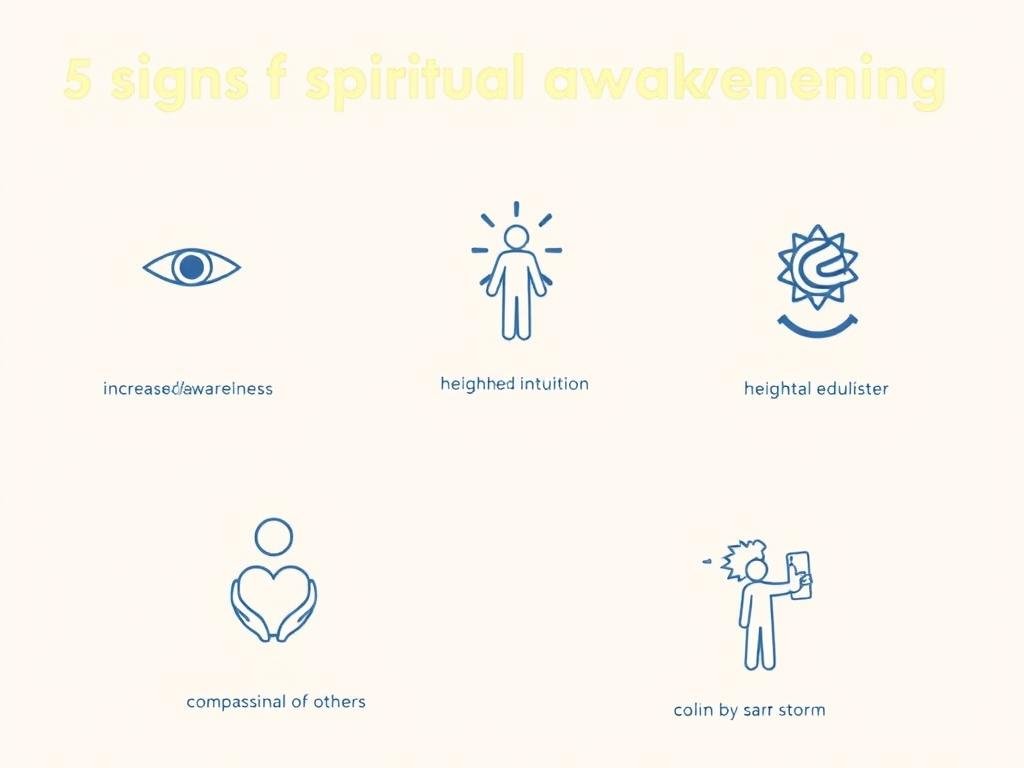 Grafika przedstawiająca 5 oznak przebudzenia duchowego, pomocna w ocenie jak sprawdzić swój poziom duchowy