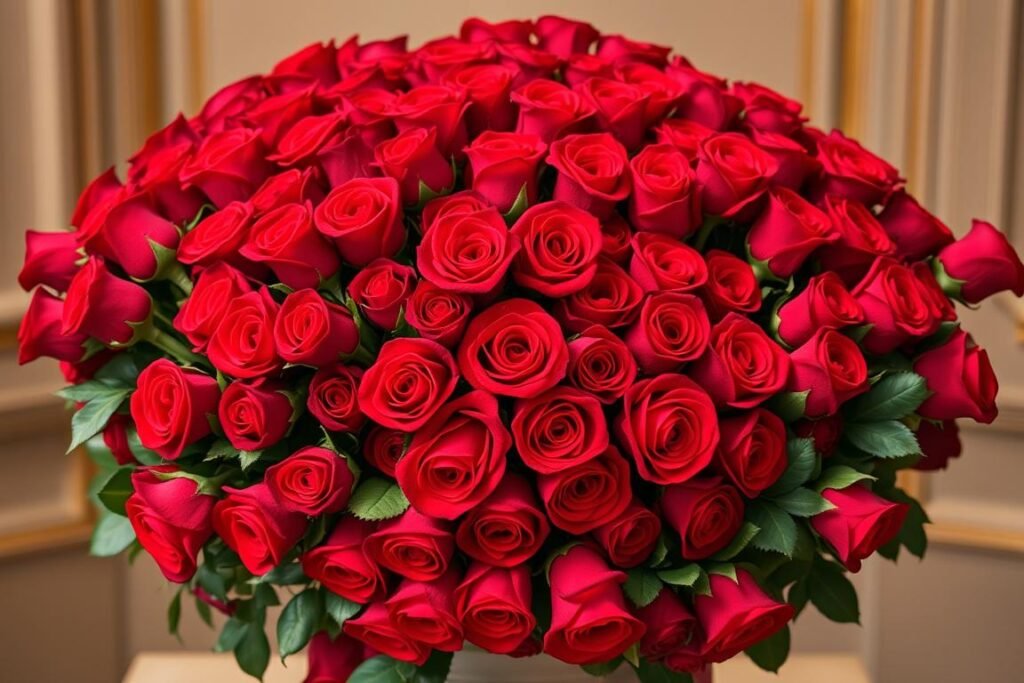 Imponujący bukiet z 99 czerwonych róż symbolizujących wieczną miłość