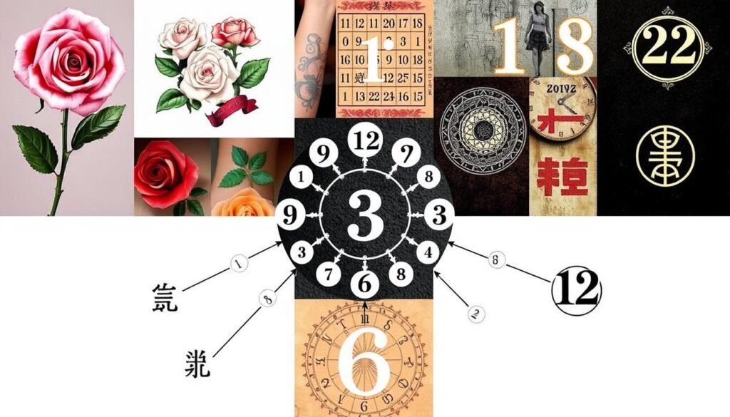 Kolaż przedstawiający różne aspekty symboliki liczb omówione w artykule