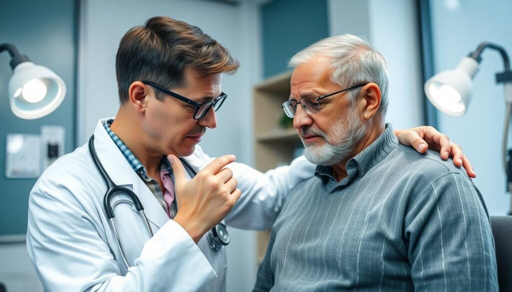 Lekarz badający pacjenta z gorączką - kiedy szukać pomocy przy gorączce