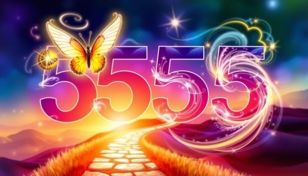 Liczba anielska 555 z symbolami zmian i transformacji