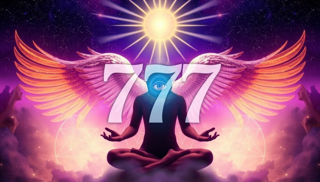 Liczba anielska 777 z symbolami duchowego przebudzenia i oświecenia