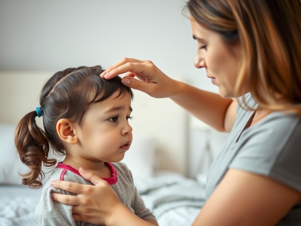Matka sprawdzająca temperaturę dziecka dotykając jego czoła - jak sprawdzić gorączkę bez termometru u dziecka