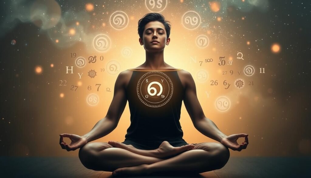 Numerologia znaczenie liczb - osoba medytująca z symbolami numerologicznymi