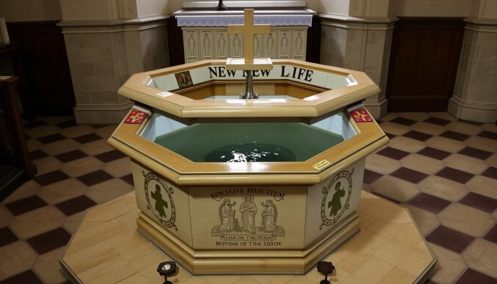 Ośmiokątna chrzcielnica symbolizująca nowe życie w chrzcie