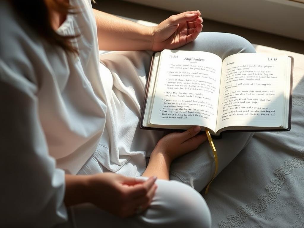 Osoba medytująca i zapisująca znaczenie liczb anielskich w dzienniku