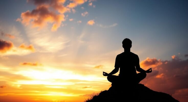 Osoba medytująca na tle zachodu słońca, symbolizująca duchową podróż i jak sprawdzić swój poziom duchowy