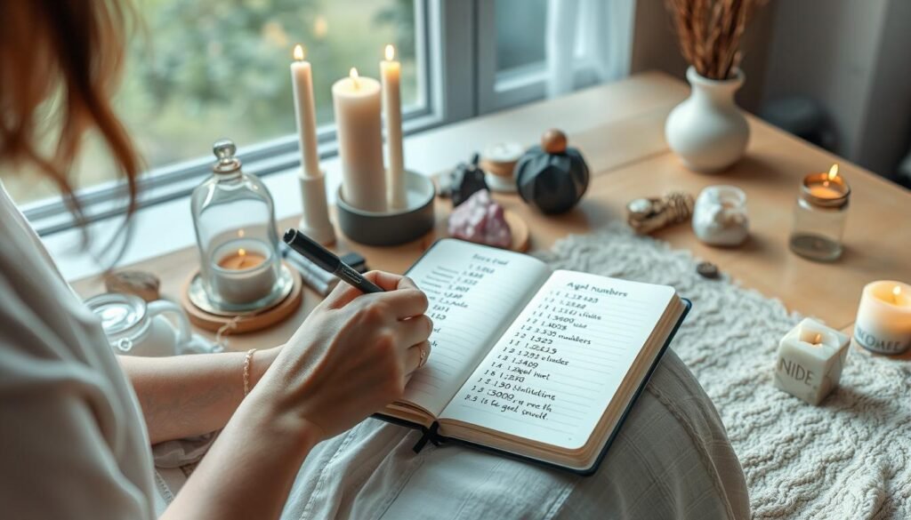 Osoba praktykująca uważność i zapisująca liczby anielskie w dzienniku