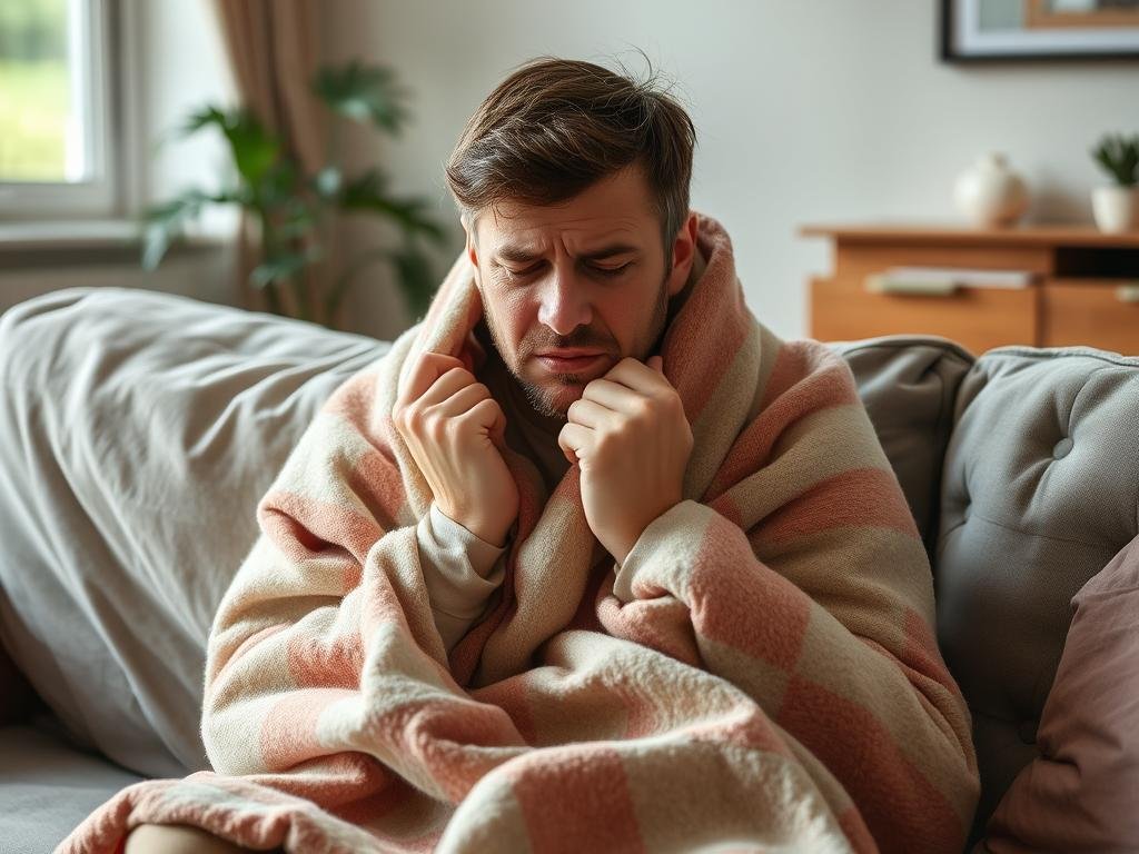 Osoba z gorączką odczuwająca dreszcze - objaw jak sprawdzić gorączkę bez termometru