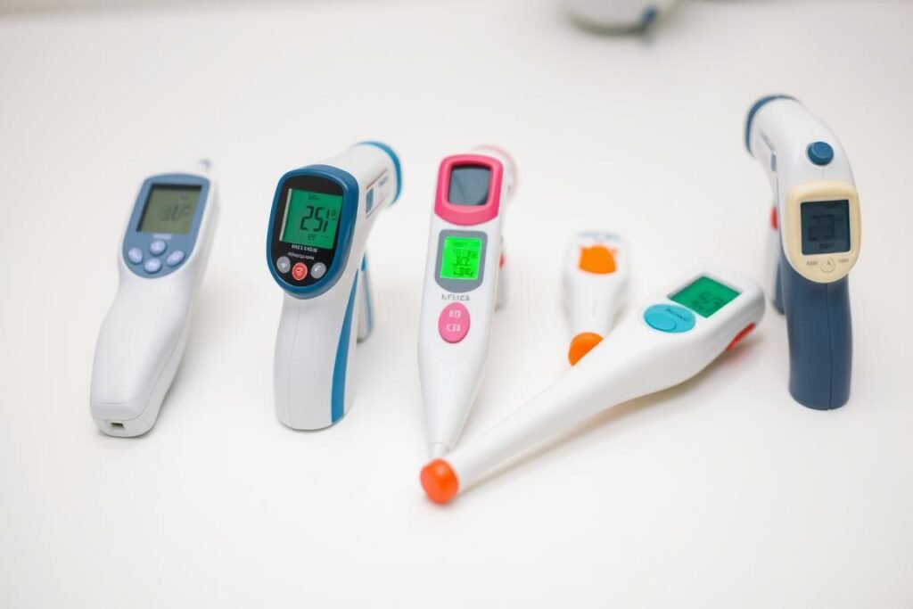 Różne rodzaje termometrów - elektroniczny, bezdotykowy, tradycyjny