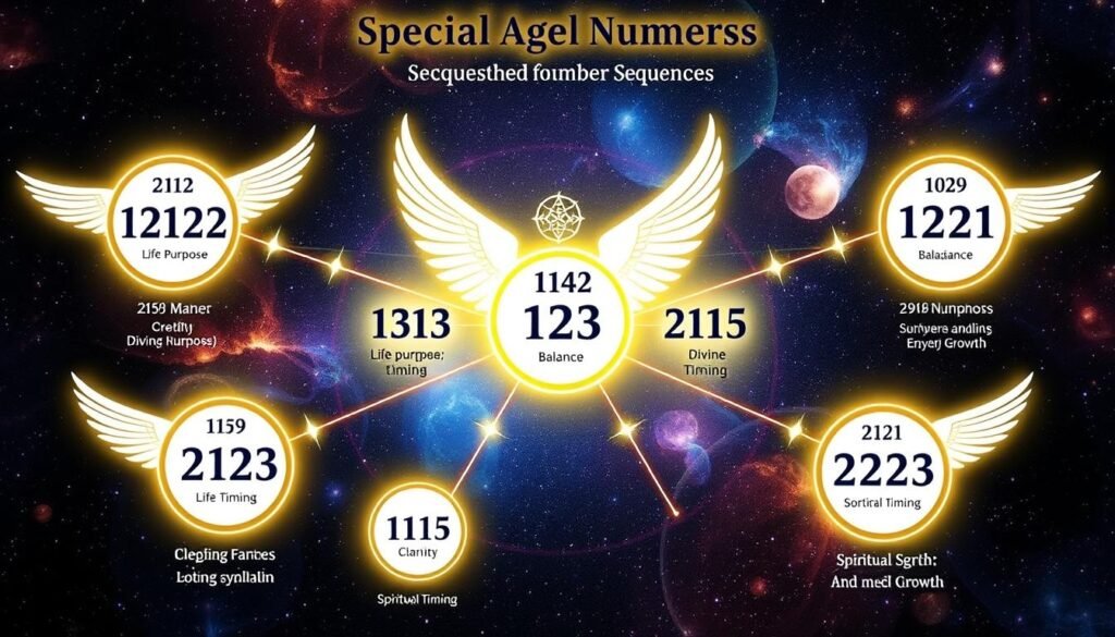Różne specjalne sekwencje liczb anielskich z symbolicznym przedstawieniem ich znaczeń