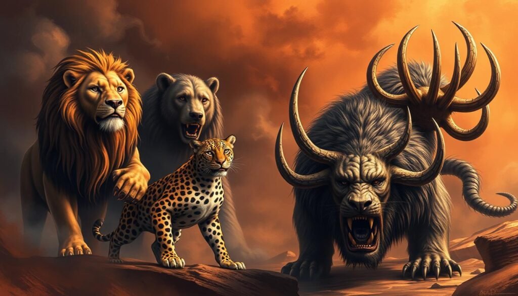 Wizja czterech bestii z Księgi Daniela z symboliką liczbową