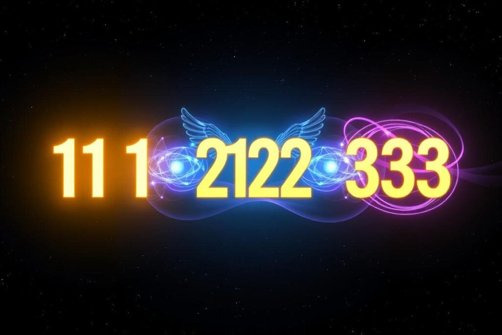 Wizualizacja potrójnych liczb anielskich 111, 222, 333 z symbolicznym przedstawieniem ich energii