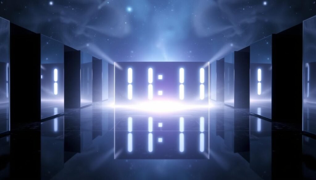 Zegar cyfrowy pokazujący godzinę 11:11 z symbolicznym przedstawieniem liczb lustrzanych