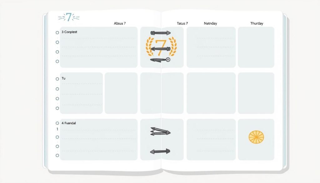 Znaczenie liczby 7 w codziennym życiu - ilustracja przedstawiająca siedmiodniowy planer tygodniowy