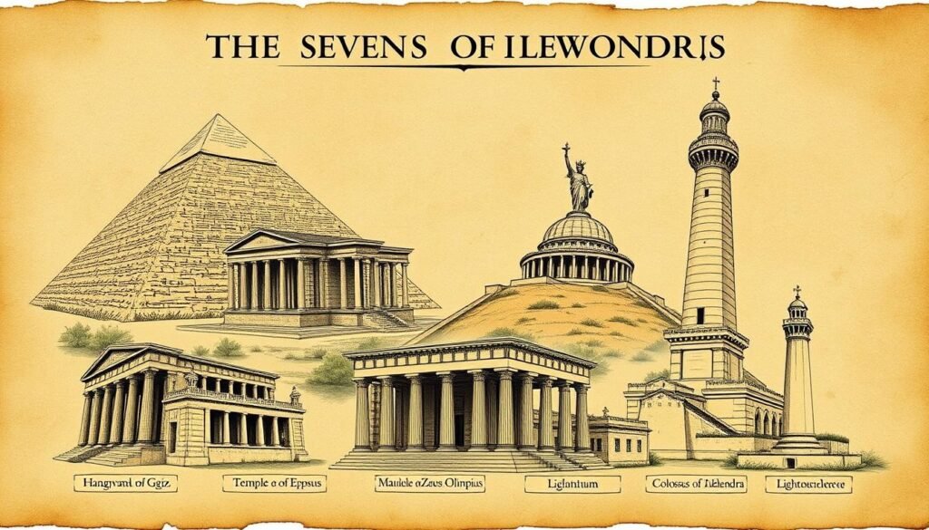 Znaczenie liczby 7 w kulturze - ilustracja przedstawiająca siedem cudów świata starożytnego