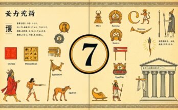 Znaczenie liczby 7 w różnych kulturach świata przedstawione na ilustracji z symbolami