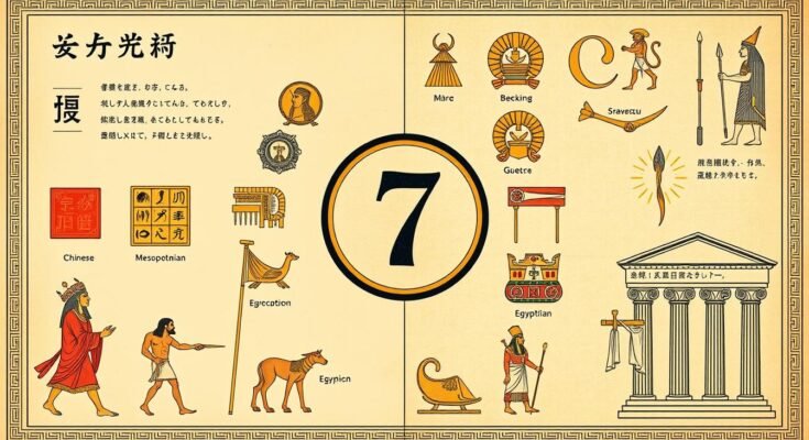 Znaczenie liczby 7 w różnych kulturach świata przedstawione na ilustracji z symbolami