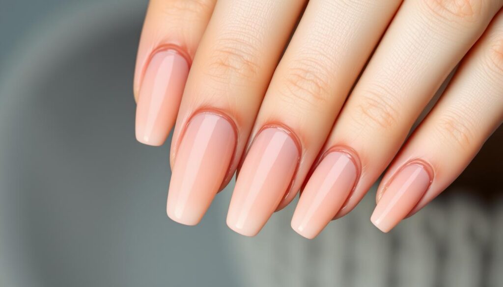 Brzoskwiniowe paznokcie w stylu ombre przechodzące w odcień nude