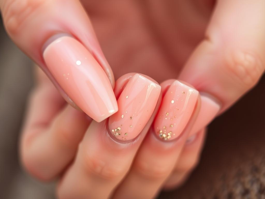 Brzoskwiniowe paznokcie z delikatnym złotym brokatem