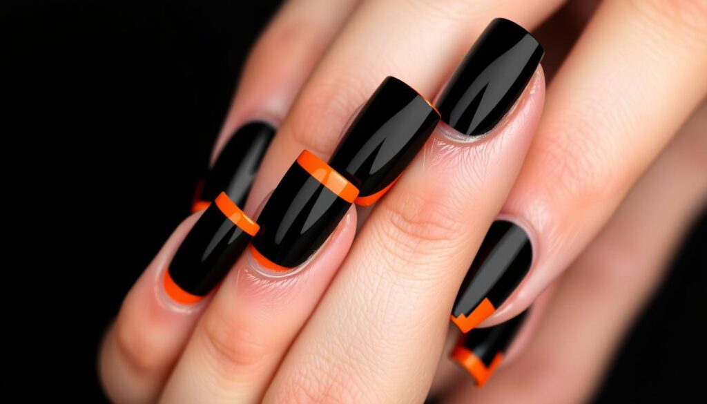 Czarne paznokcie z pomarańczowymi akcentami w stylu french manicure