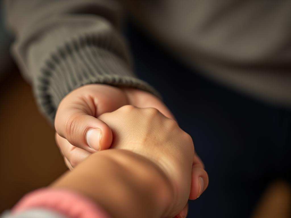 Dłoń rodzica trzymająca małą dłoń dziecka, symbolizująca opiekę, zaufanie i więź międzypokoleniową