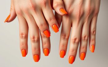 Dłonie z pomarańczowymi paznokciami w różnych odcieniach, od neonowych po pastelowe