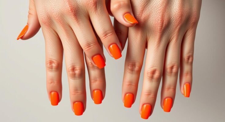 Dłonie z pomarańczowymi paznokciami w różnych odcieniach, od neonowych po pastelowe