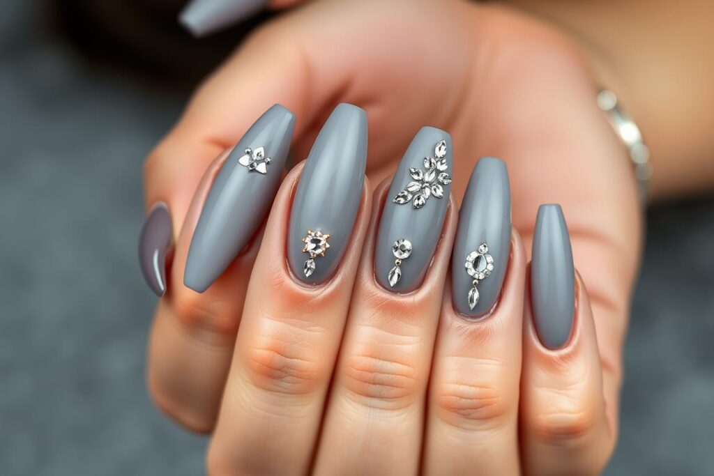 Długie szare paznokcie w kształcie migdałków z eleganckimi zdobieniami