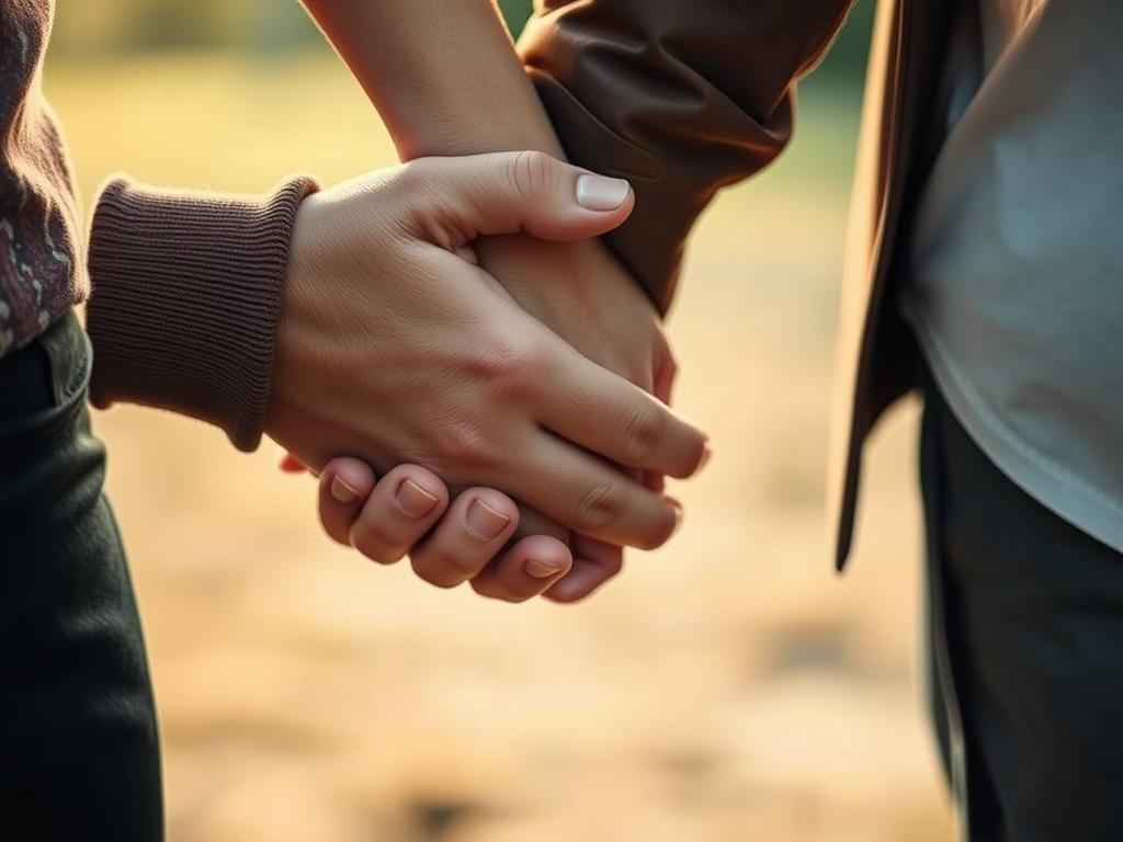 Dwie osoby trzymające się za ręce w geście pożegnania, symbolizujące emocjonalne cytaty na pożegnanie przyjaciela