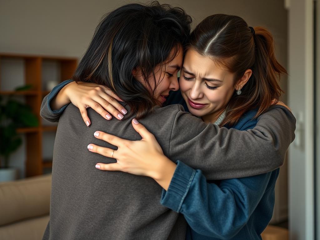 Dwoje przyjaciół obejmujących się podczas trudnego momentu, wyraz wsparcia i prawdziwej przyjaźni