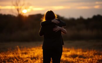 Dwoje przyjaciół przytulających się na pożegnanie o zachodzie słońca, symbolizujące cytaty na pożegnanie przyjaciela