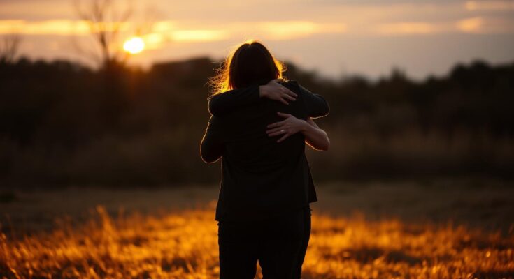 Dwoje przyjaciół przytulających się na pożegnanie o zachodzie słońca, symbolizujące cytaty na pożegnanie przyjaciela