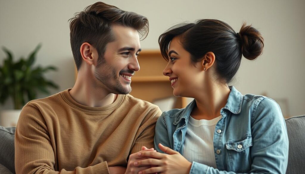 Dwoje przyjaciół rozmawiających szczerze, patrzących sobie w oczy, wyrażających zaufanie