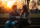 Dwoje przyjaciół siedzących na ławce w parku podczas zachodu słońca, rozmawiających i śmiejących się
