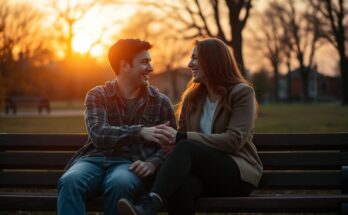 Dwoje przyjaciół siedzących na ławce w parku podczas zachodu słońca, rozmawiających i śmiejących się