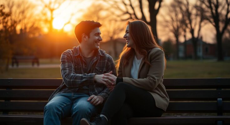 Dwoje przyjaciół siedzących na ławce w parku podczas zachodu słońca, rozmawiających i śmiejących się