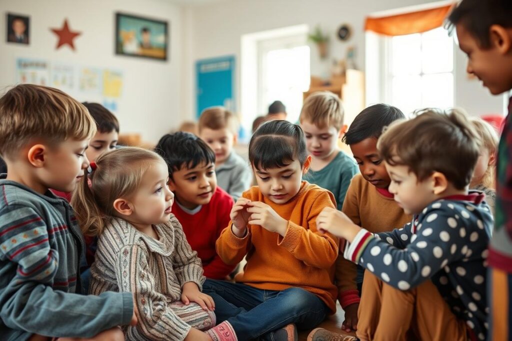 Dzieci w grupie, uczące się i bawiące razem, w duchu filozofii Janusza Korczaka