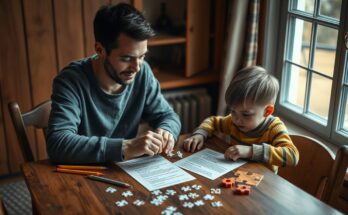 Dziecko i dorosły wspólnie rozwiązujący zagadki logiczne przy stole